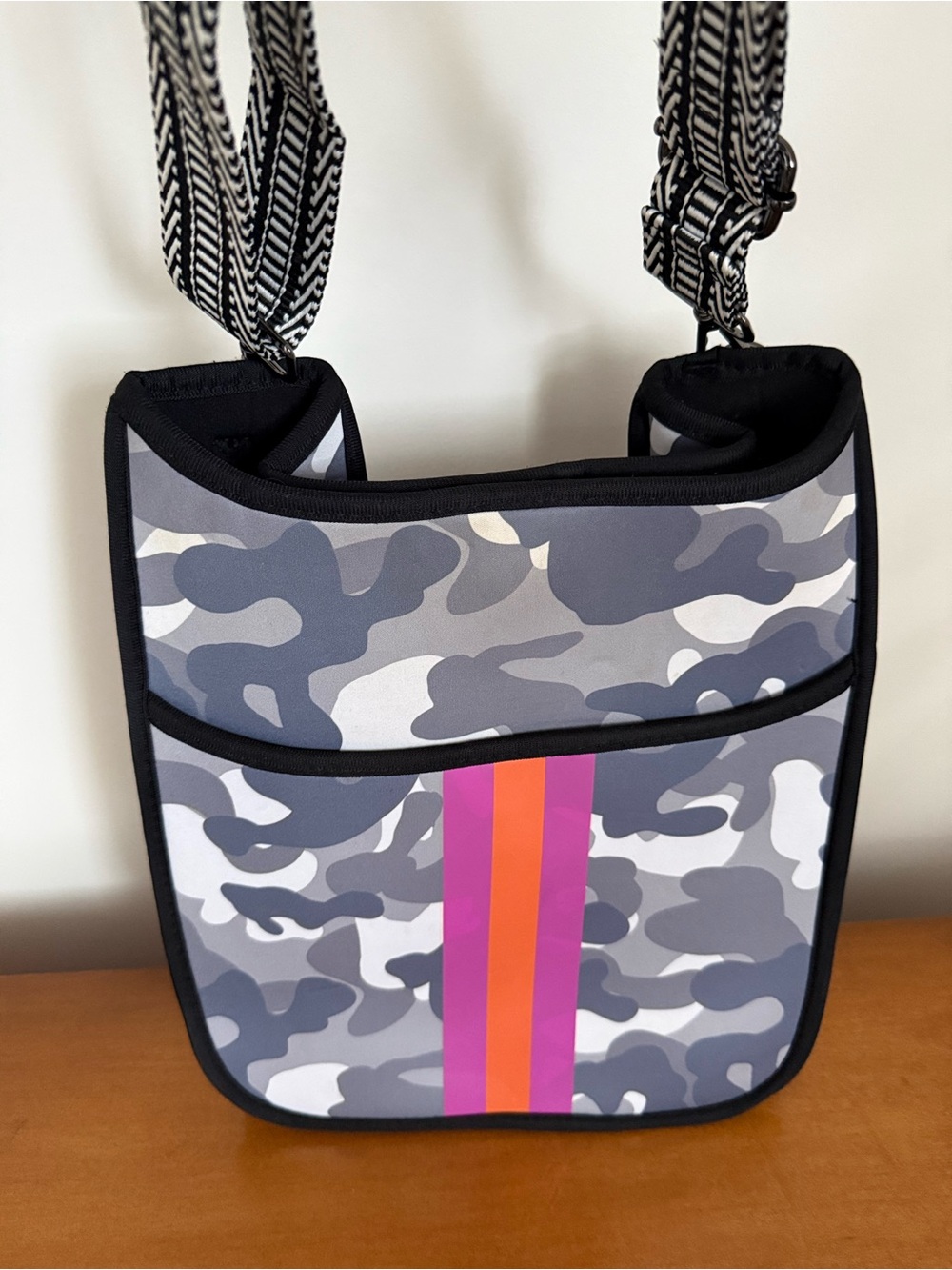 Kids Gray Camo Crossbody Bag with Pink & Orange Stripe